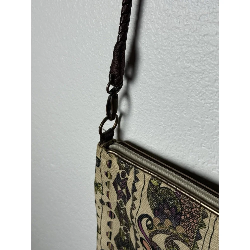 Sakroots Owl Floral Canvas Crossbody Bag Brown Braided Strap Small Boho Purse